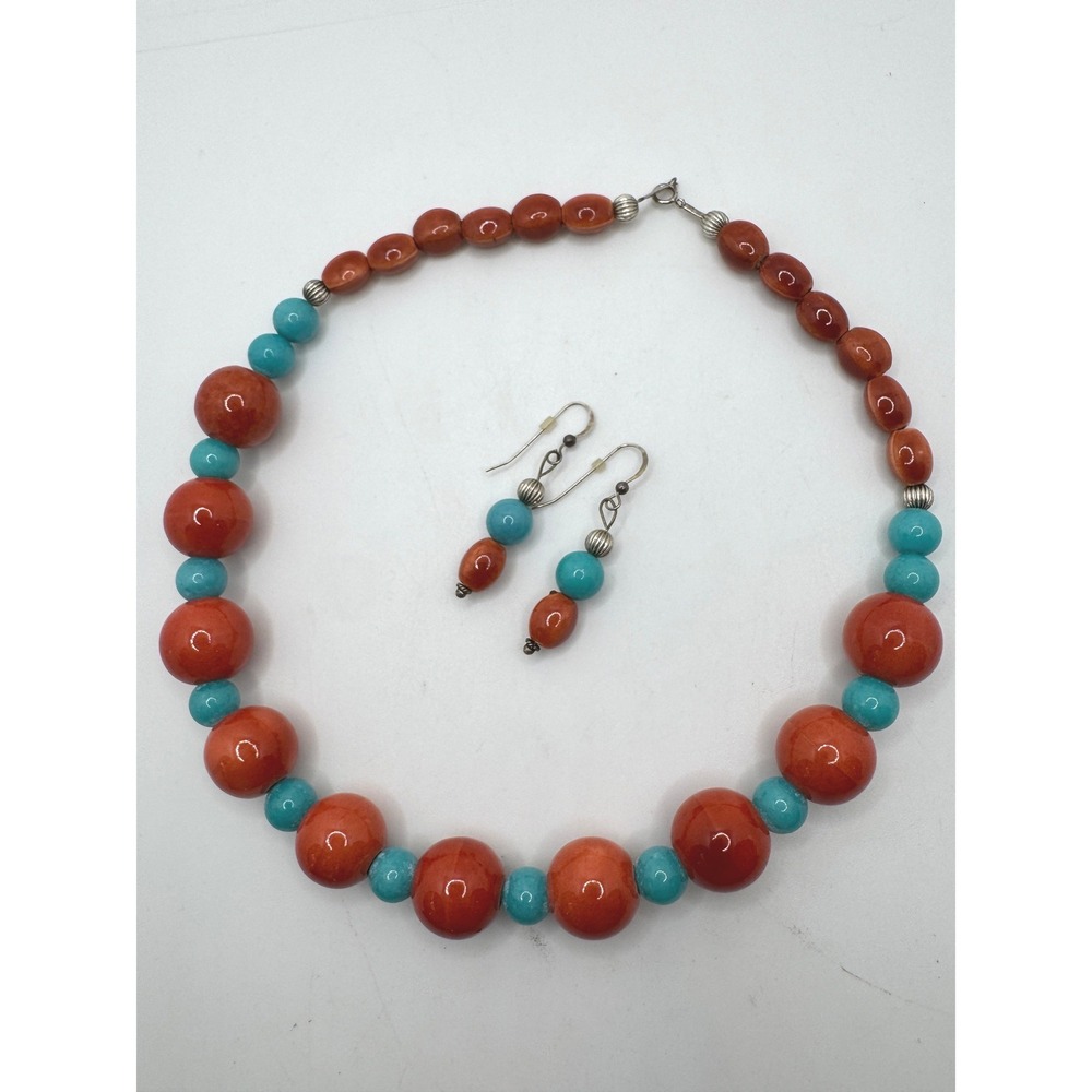 Southwestern Beaded Necklace and Earring Set Orange Turquoise Statement 18in